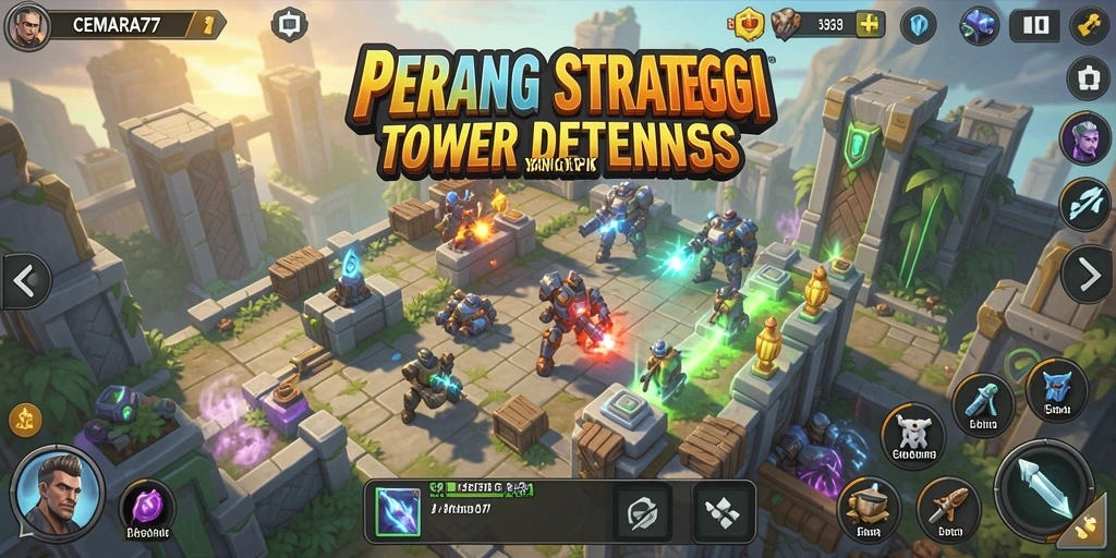 Screenshot CEMARA77 menampilkan aksi menara melawan musuh dalam game Tower Defense.