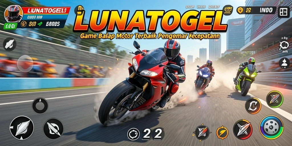 Screenshot utama LUNATOGEL menampilkan aksi balap motor yang intens.