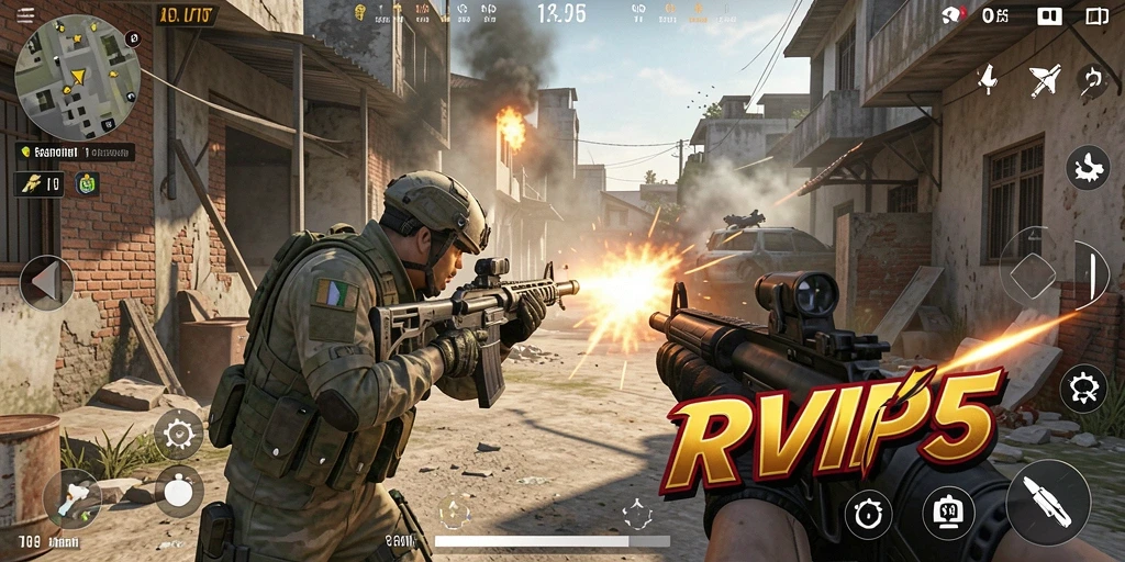 Screenshot gameplay RVIP5 menampilkan aksi tembak-menembak yang seru.