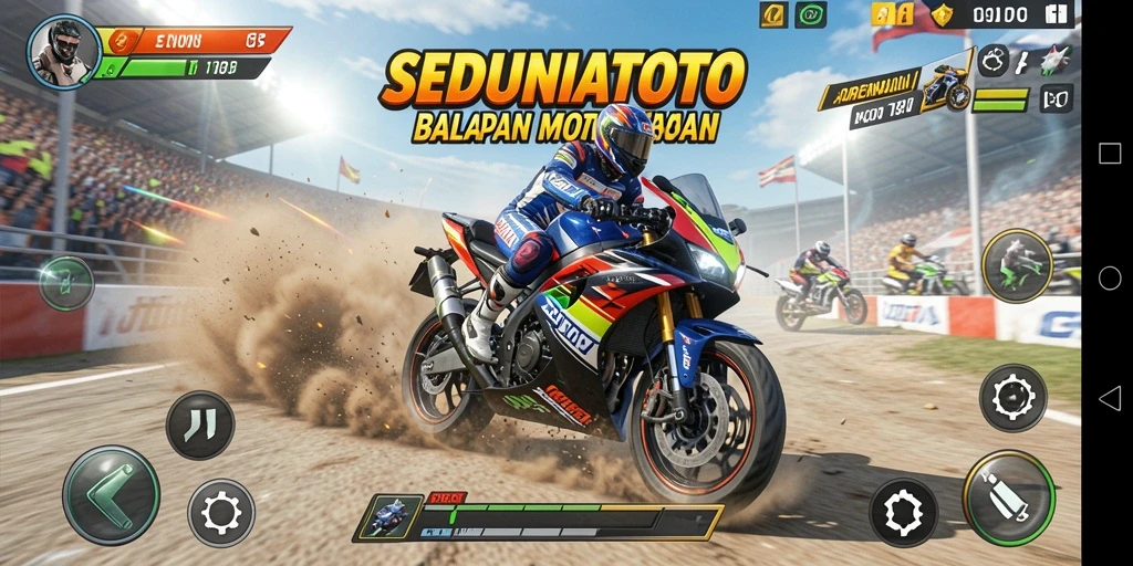 Screenshot menampilkan gameplay balapan motor yang mendebarkan di SEDUNIATOTO.
