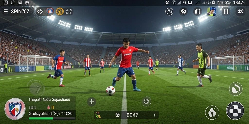 Gameplay SPIN707 menampilkan aksi seru di lapangan sepak bola.