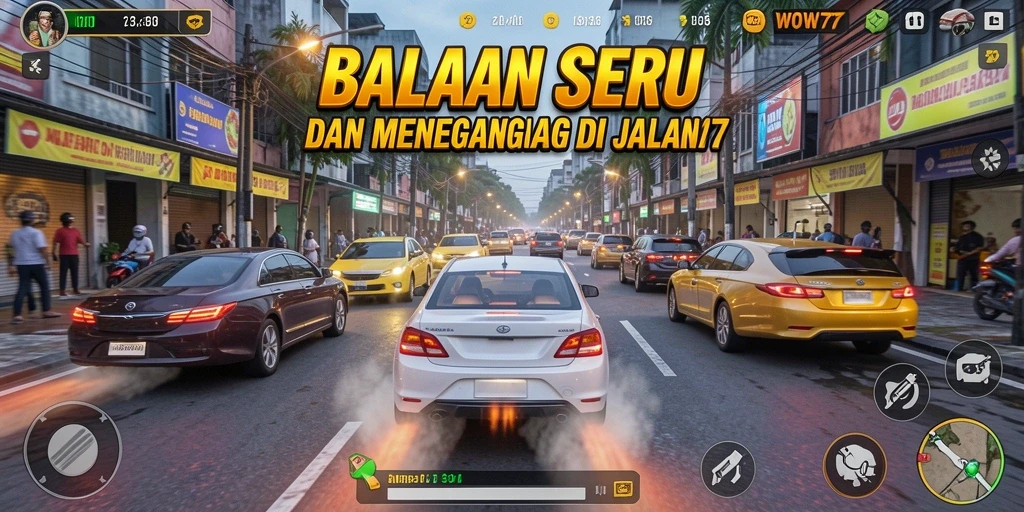 Tampilan gameplay menegangkan dalam balapan WOW77 di jalanan.