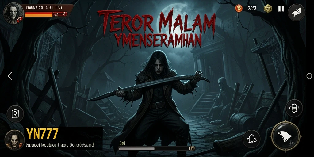 Tangkapan layar gameplay YN777 menunjukkan suasana gelap dan menakutkan.