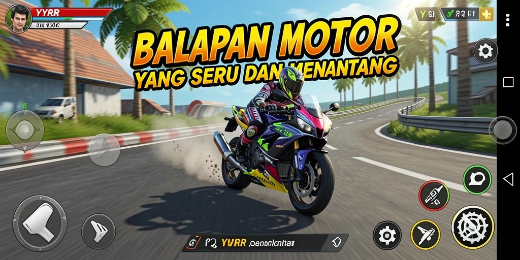 Tampilan gameplay seru di YYRR saat balapan motor.